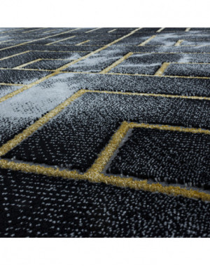 Designer vloerkleed met lage pool, woonkamerkleed, donker gemarmerd patroon met gouden ruitvormige strepen