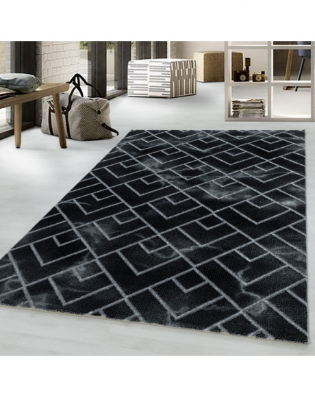 Tapis design a poil ras Tapis de salon Motif Marbré foncé Lignes Diamants Argent