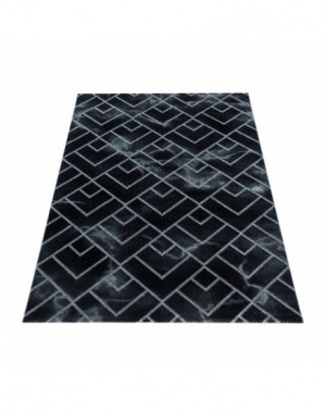 Designer vloerkleed met lage pool, woonkamerkleed, donker gemarmerd patroon, zilveren ruitvormige lijnen