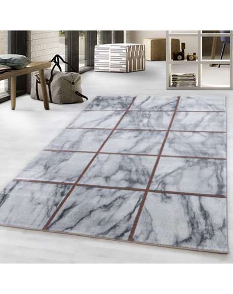 Designer vloerkleed met korte pool, woonkamerkleed, vierkant marmerpatroon, bronskleur