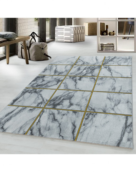Tapis design a poil ras Tapis de salon Motif Marbré carré Couleur Or