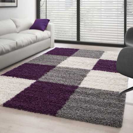 Tapis Shaggy pile longue designe à carreaux VIOLET-BLANC-GRIS