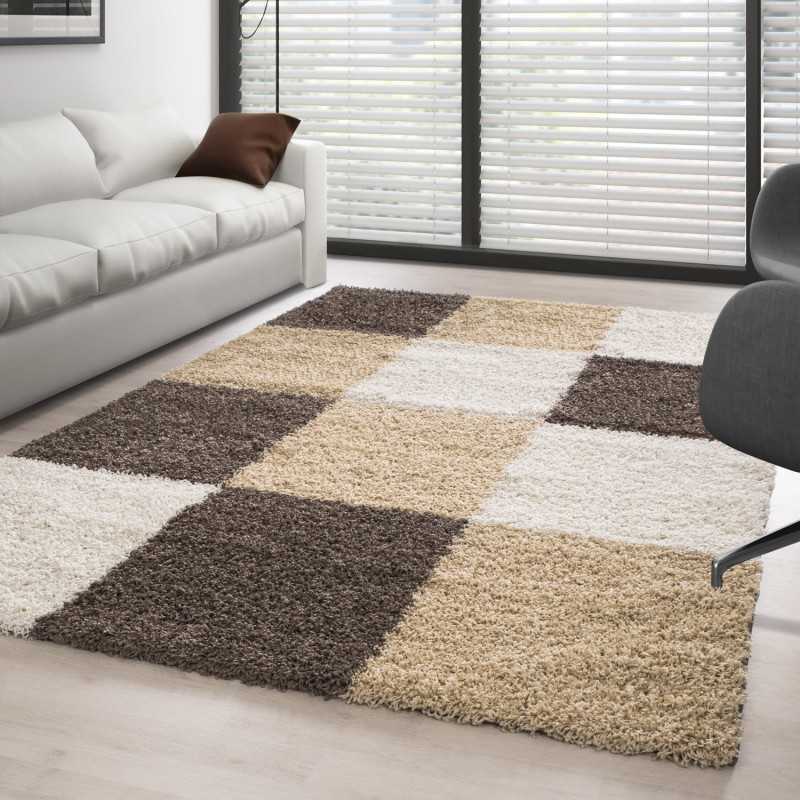 Hoogpolig vloerkleed met ruitpatroon, bruin-wit-beige