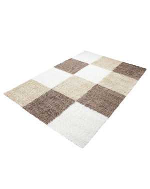 Hoogpolig vloerkleed met ruitpatroon, bruin-wit-beige
