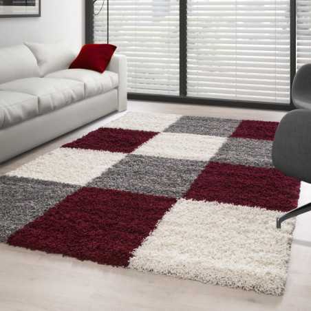Tapis Shaggy pile longue designe à carreaux ROUGE-BLANC-GRIS