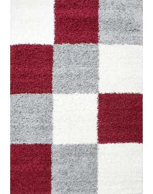 Hoogpolig vloerkleed met ruitpatroon, rood-wit-grijs.