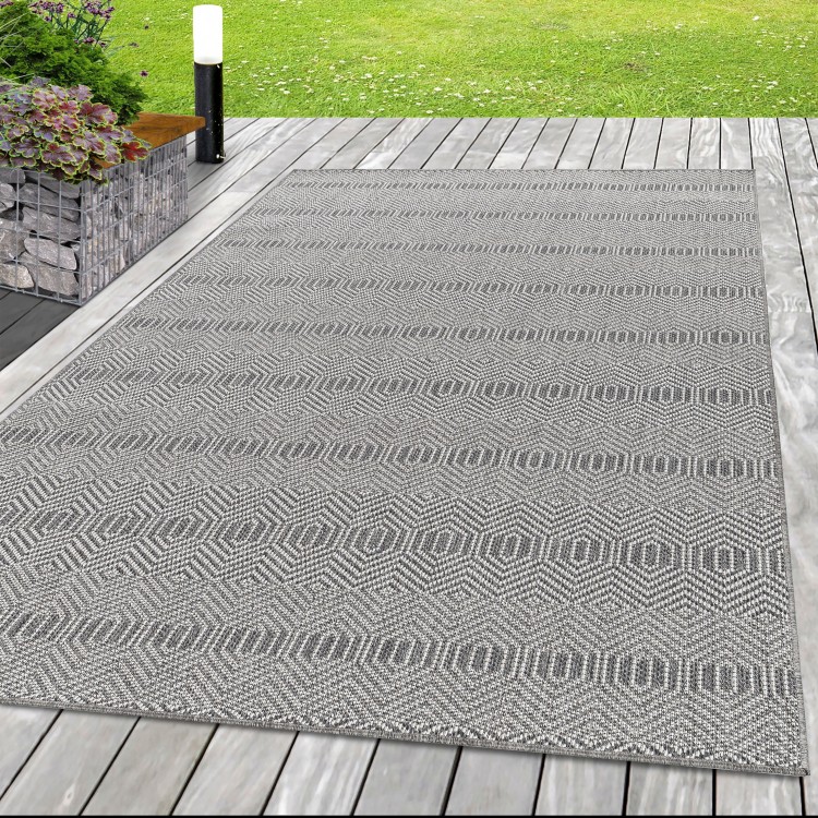 Tapis d’extérieur, motif hologramme, couleur gris, matière sisal, pour terrasse, résistant aux UV