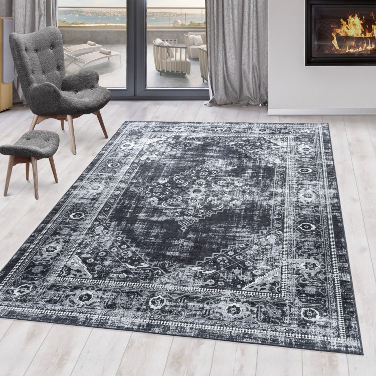 Tapis d’intérieur, style vintage, couleur gris, résistant et durable, confortable, lavable