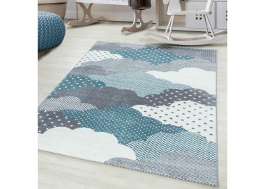 Kinderkleed met wolkenpatroon, blauw, gemaakt van jute, comfortabel en platgeweven, geschikt voor de slaapkamer.