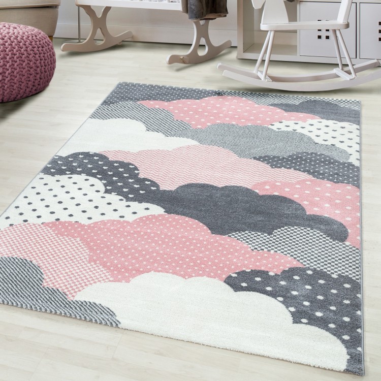 Tapis pour enfant, motif nuage, couleur rose, matière jute, pour chambre, facile d’entretien