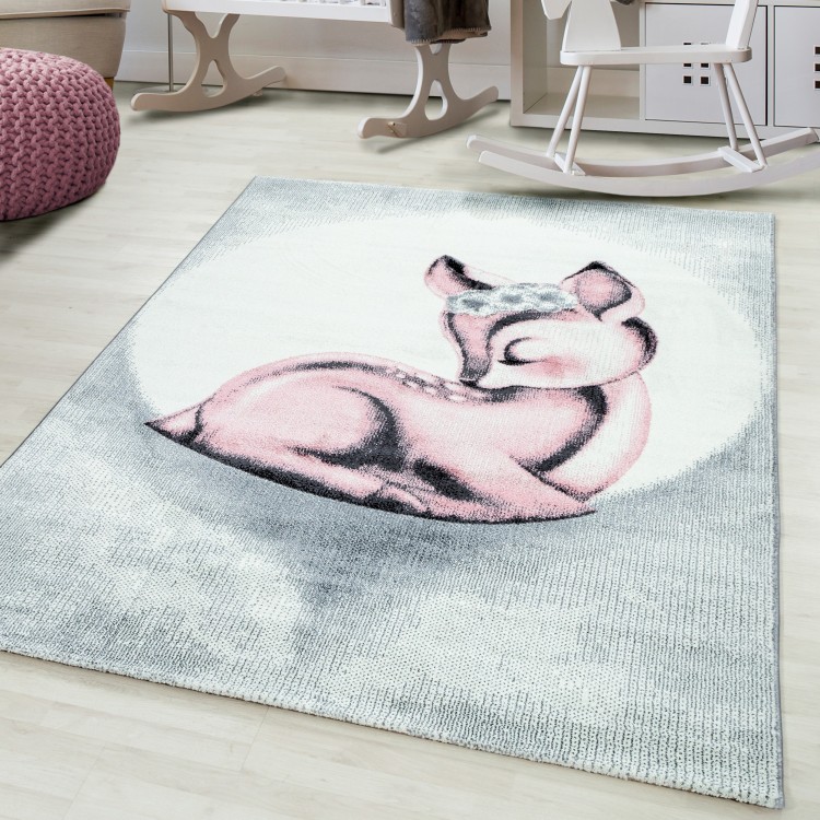 Tapis pour enfant, motif faon, couleur rose, matière jute, pour chambre, tissage plat, confortable