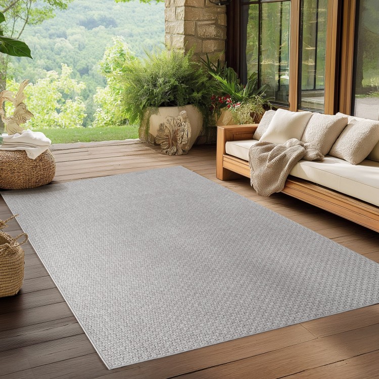 Tapis d’extérieur, couleur gris, pour salon, cuisine, résistant aux UV, look naturel, tissage plat