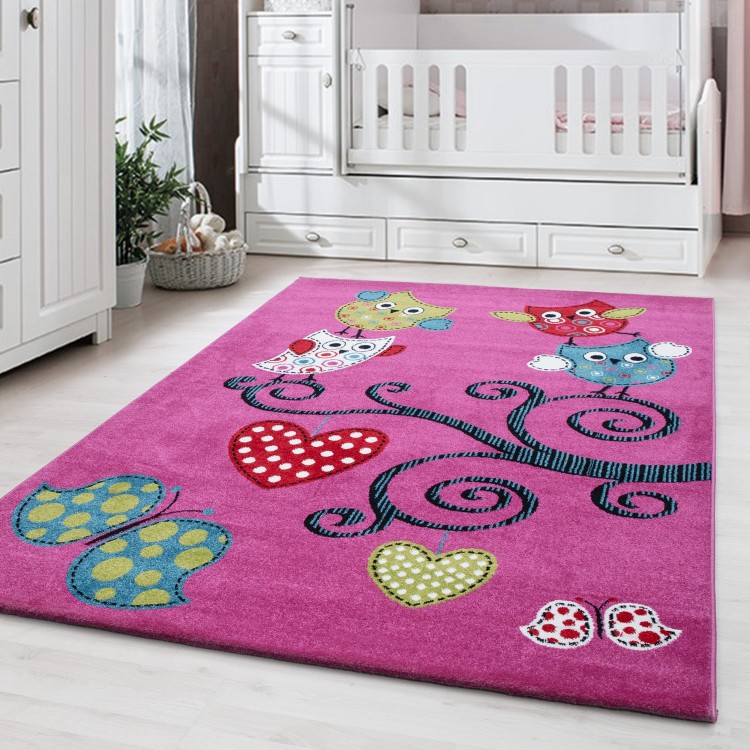 Tapis pour enfant, motif hibou, couleur violet, matière jute, pour chambre, design moderne