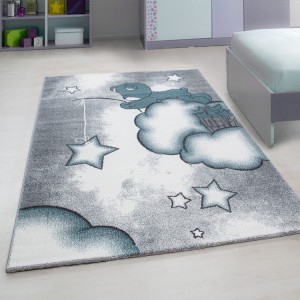 Tapis pour enfant, motif ours, couleur bleu, matière jute, pour chambre, facile d’entretien