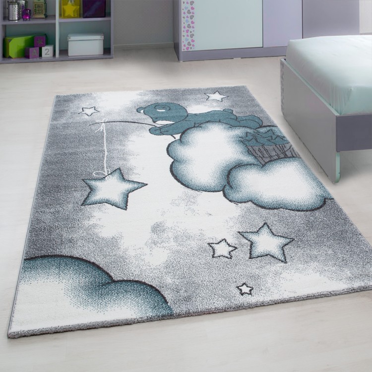 Tapis pour enfant, motif ours, couleur bleu, matière jute, pour chambre, facile d’entretien