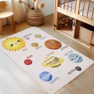 Tapis pour enfant, motif système solaire, couleur beige, matière latex, pour chambre, tissage plat