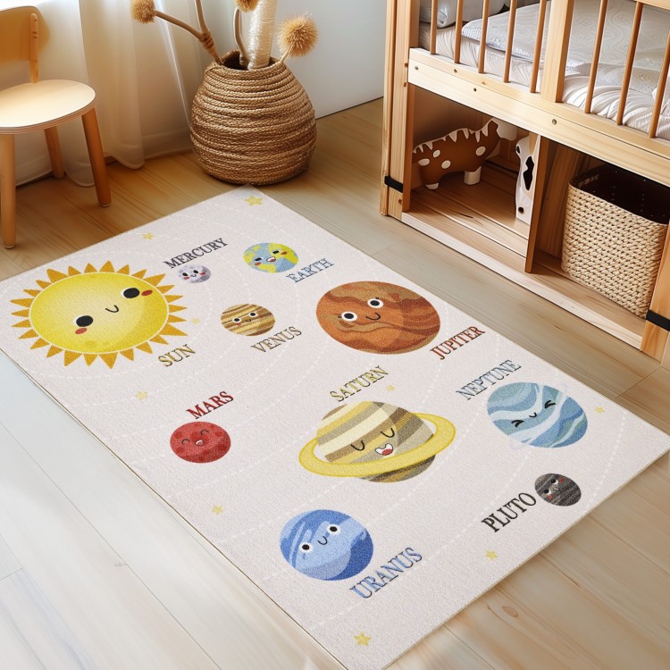 Tapis pour enfant, motif système solaire, couleur beige, matière latex, pour chambre, tissage plat