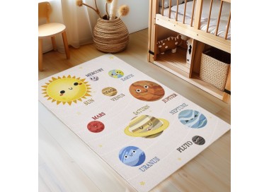 Tapis pour enfant, motif système solaire, couleur beige, matière latex, pour chambre, tissage plat
