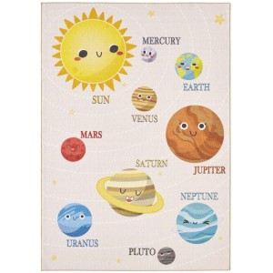 Tapis pour enfant, motif système solaire, couleur beige, matière latex, pour chambre, tissage plat