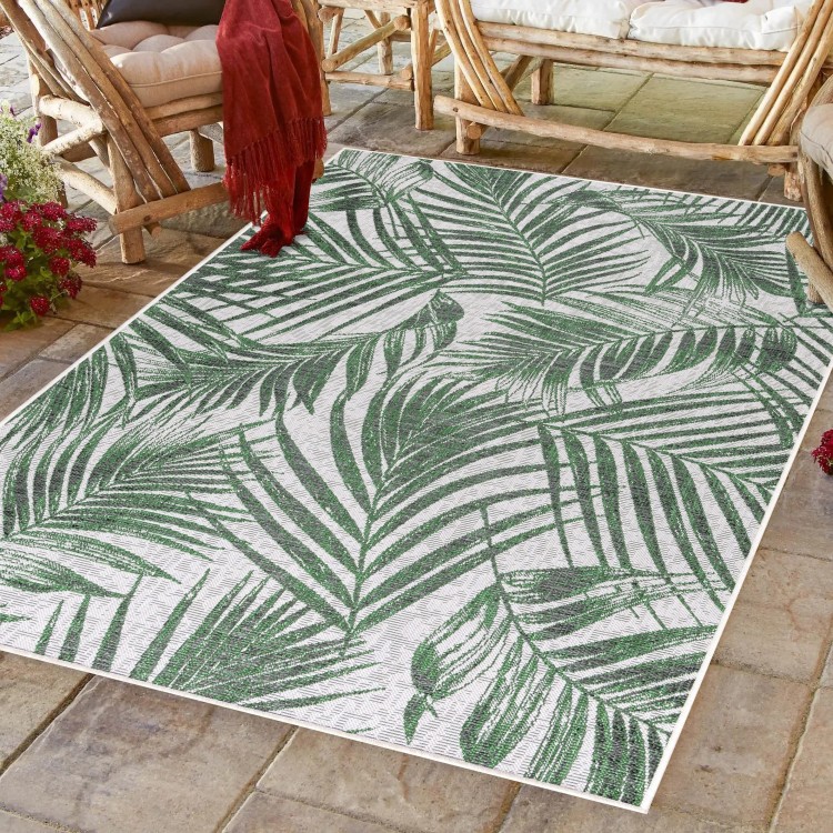 Tapis extérieur, motif palmier, couleur vert, matière polypropylène, pour cuisine et balcon