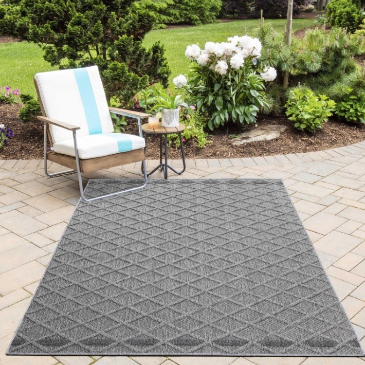 Tapis d’extérieur, motif diamant, couleur gris, pour cuisine, balcon, résistant aux UV, look naturel