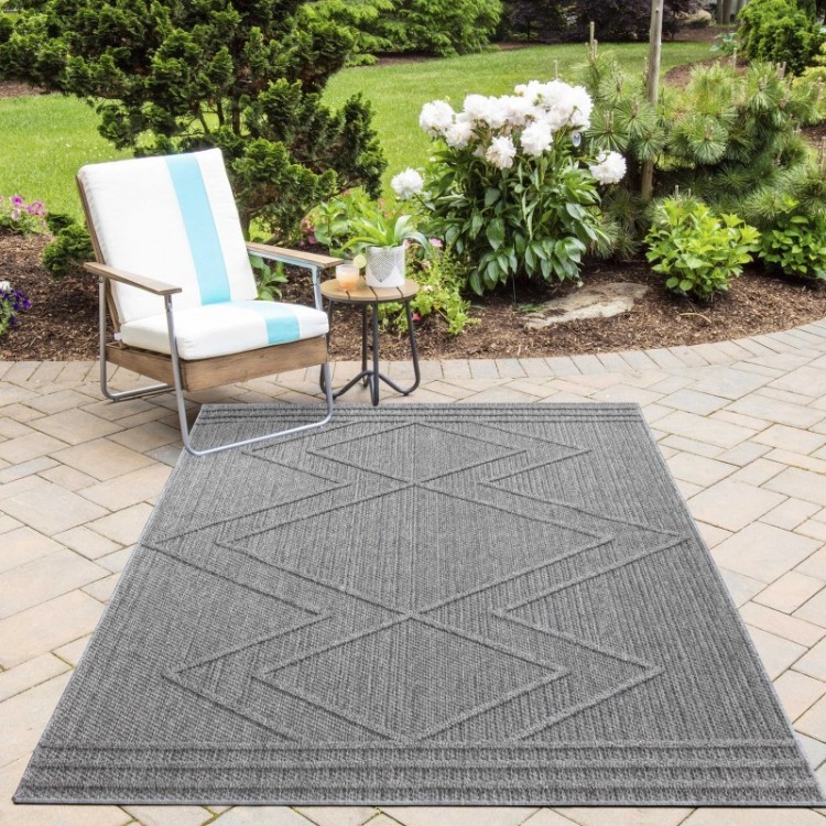 Tapis intérieur & extérieur, motif géométrique, couleur gris, pour cuisine, balcon, résistant aux UV