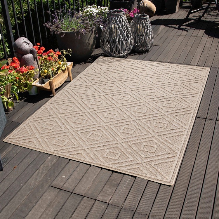 Indoor- und Outdoor-Teppich, geometrisches Muster, beige, für Küche, Balkon, widerstandsfähig gegen