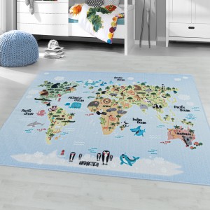 Tapis de enfants à poils courts Motif de carte du monde Animaux Blanc