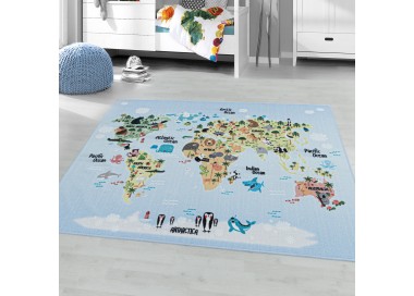 Tapis de enfants à poils courts Motif de carte du monde Animaux Blanc