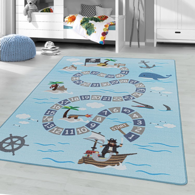 Tapis de enfants à poils courts Motif de pirates maritimes Bleu