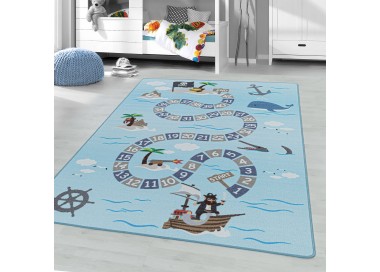 Kinderkleed met korte pool en een maritiem piratenmotief, blauw.