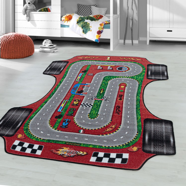 Tapis de enfants à poils courts Motif de piste course voiture Rouge
