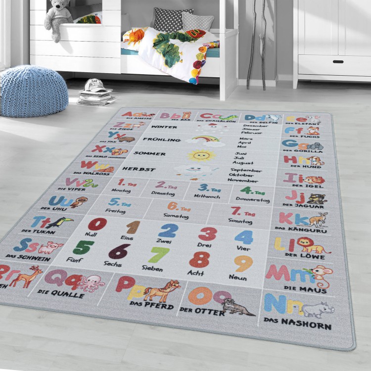Tapis de enfants à poils courts Motif de Lettres numéros Saisons Gris