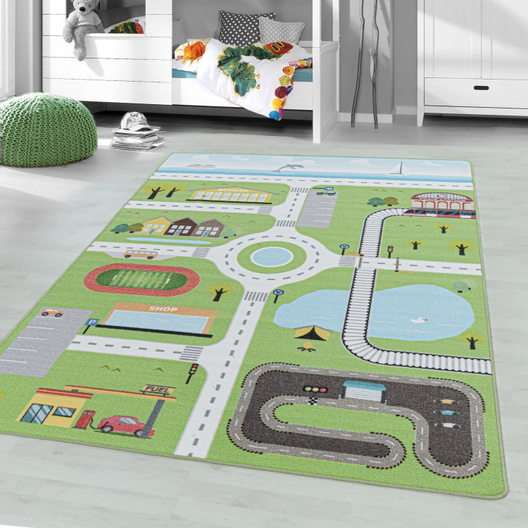 Tapis de enfants à poils courts Motif de Scène de la circulation Vert