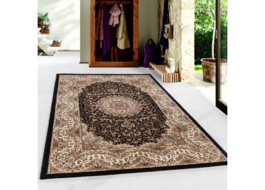 Tapis de salon oriental à poil ras Motif de antique bordure Noire