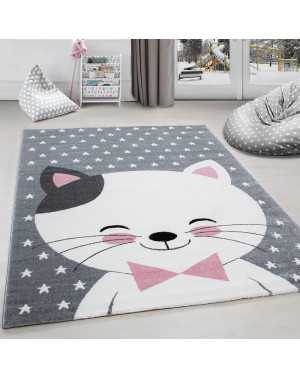 Kinderkamerkleed met kat en sterren, grijs-wit-roze