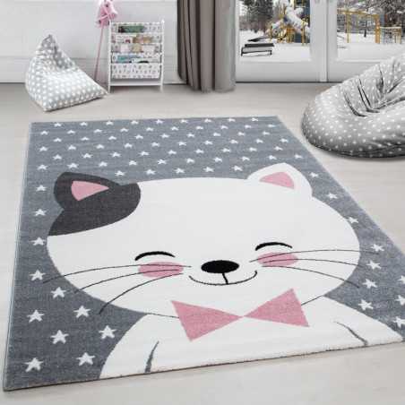 Tapis de chambre d´enfant chat et etoiles Gris-Blanc-Rose