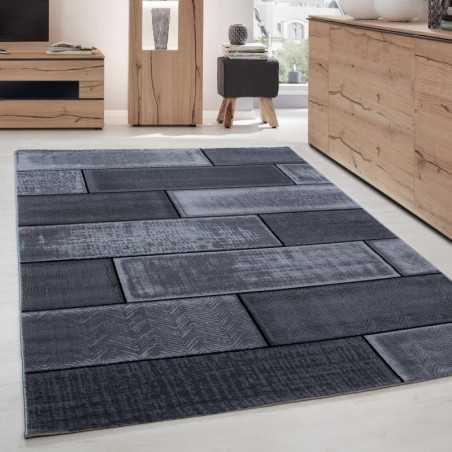 Modern vloerkleed voor de woonkamer, baksteenmotief, kortpolig, zwart en grijs