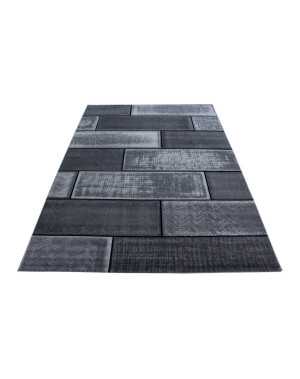 Modern vloerkleed voor de woonkamer, baksteenmotief, kortpolig, zwart en grijs
