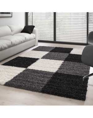 Tapis Shaggy pile longue à carreaux NOIR BLANC GRIS