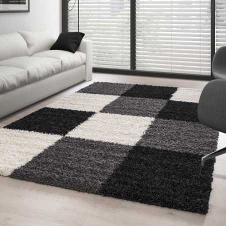 Tapis Shaggy pile longue à carreaux NOIR BLANC GRIS