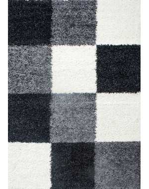 Hoogpolig vloerkleed met ruitpatroon, zwart-wit-grijs