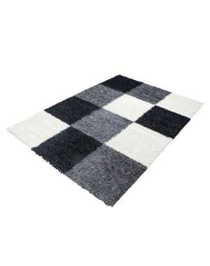 Tapis Shaggy pile longue à carreaux NOIR BLANC GRIS