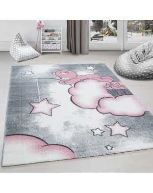 Kinderkamerkleed met beer die naar sterren en wolken vist, grijs-wit-roze