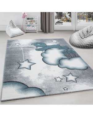 Kinderkamerkleed met beer die naar sterren en wolken vist, grijs-wit-blauw