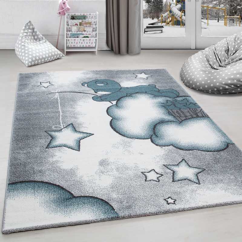Kinderkamerkleed met beer die naar sterren en wolken vist, grijs-wit-blauw