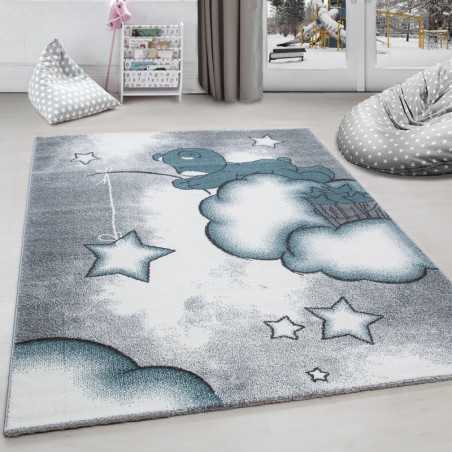 Tapis chambre d´enfant ours la pêche aux étoiles nuages  Gris-Blanc-Blue