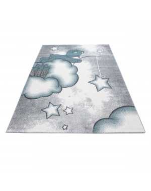 Kinderkamerkleed met beer die naar sterren en wolken vist, grijs-wit-blauw